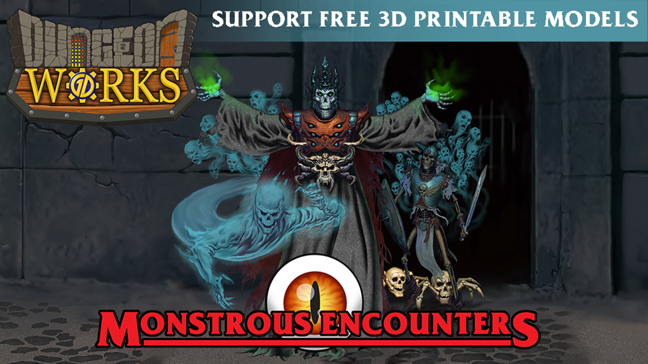 Monstrous Encounters logo and picture credit to Monstrous Encounters/Dungeon Works.
