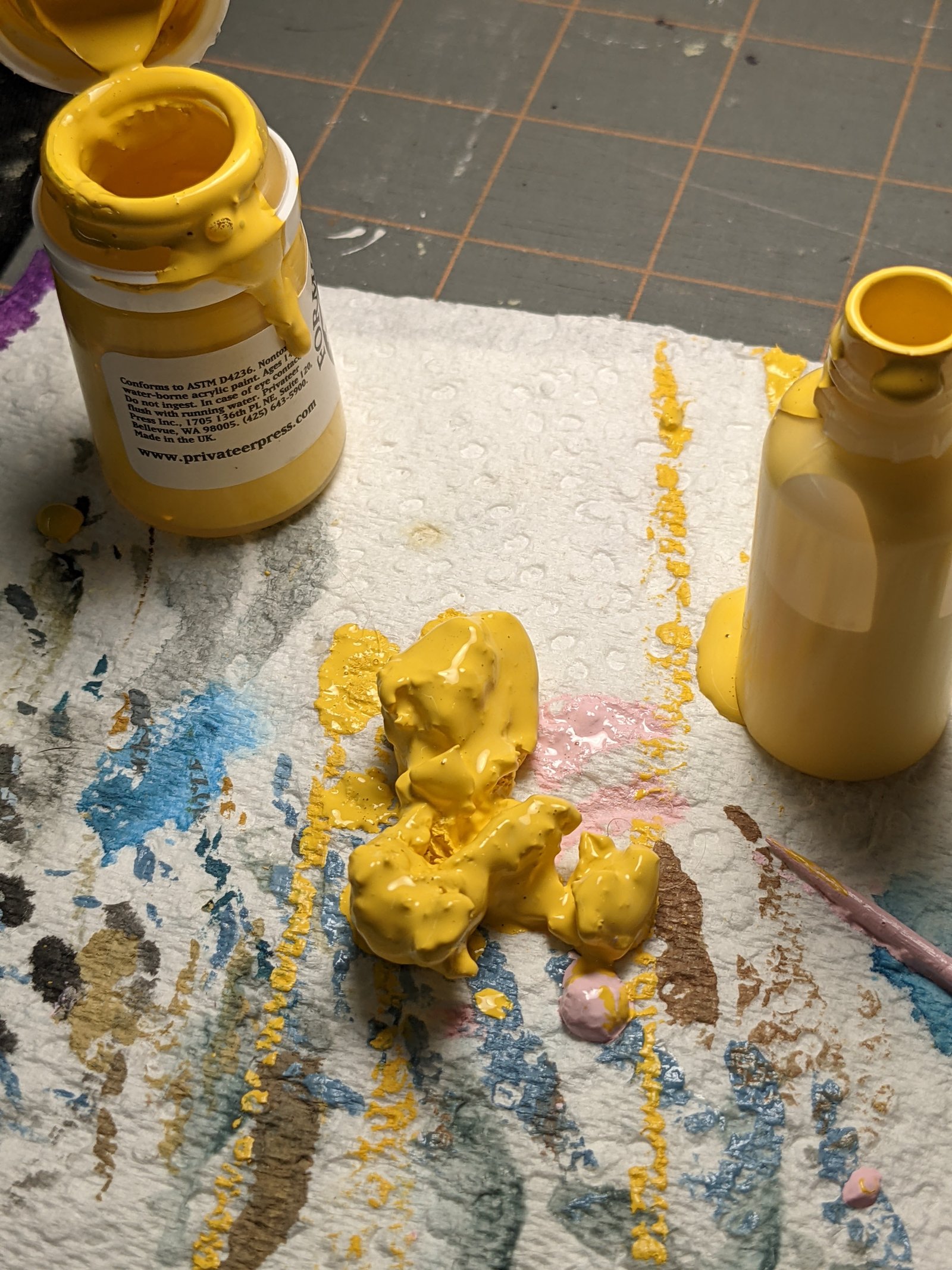 Dried yellow paint from a brand new P3 paint pot