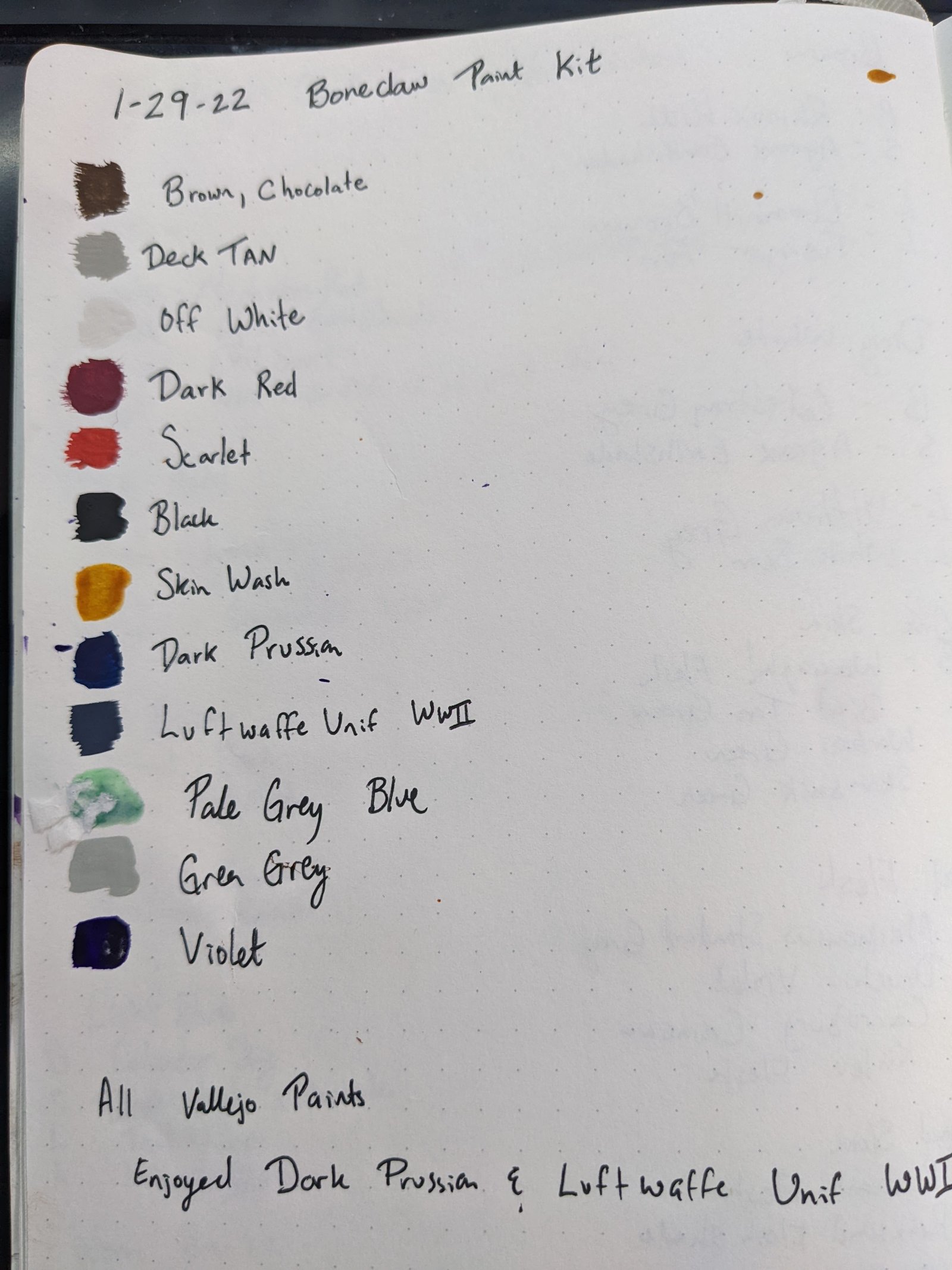 Nolzurs Paint Kit paint colors in paint journal